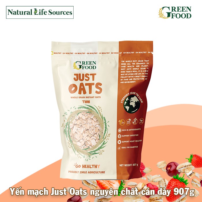 [Mã LT50 giảm 50k đơn 250k] Yến Mạch Chile JUST OATS Green Food nguyên chất ăn liền cán dày 907g