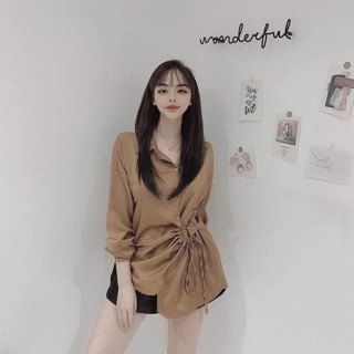 Set quần short x Áo sơ mi nâu rút dây