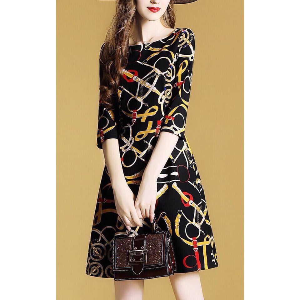 Đầm Xoè Thun In Hoạ Tiết - Váy Thun Công Sở Phối Hoạ Tiết Cao Cấp Cho Nàng Thanh Lịch Quyến Rũ | BigBuy360 - bigbuy360.vn