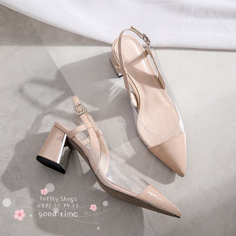 Giày cao gót Slingback phối mica gót ánh bạc