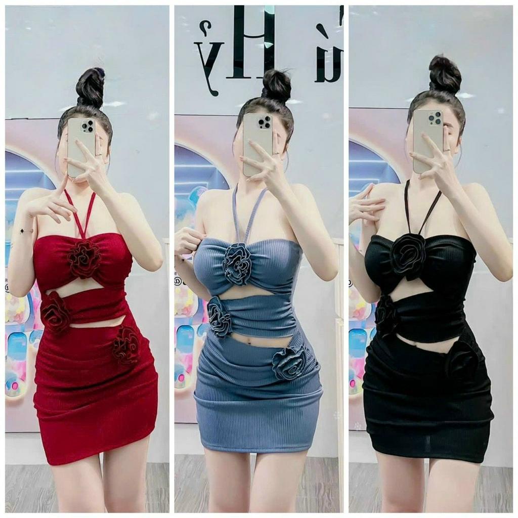Đầm body cut out nhún thân kèm hoa dây , chất thun co giãn. Có sẵn