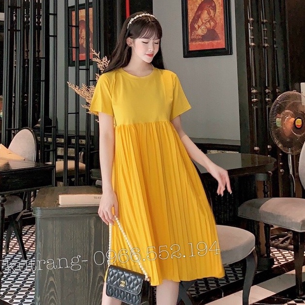 Váy bầu,Đầm bầu cho những ngày chớm thu - Dáng suông phối thân dập li trẻ trung , năng động ( size 45-80kg) Ms 6740