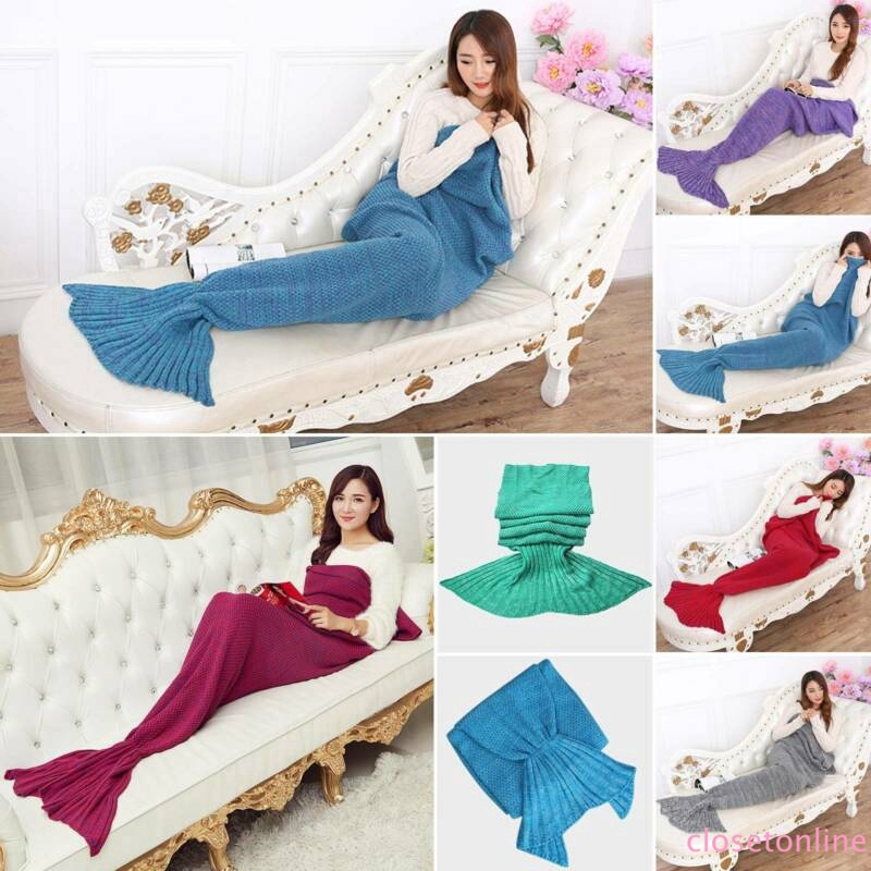 Sale Winter Kids Adult Soft Blanket Mermaid Tail Warm Fish Scales Wool Knitted Crochet CL