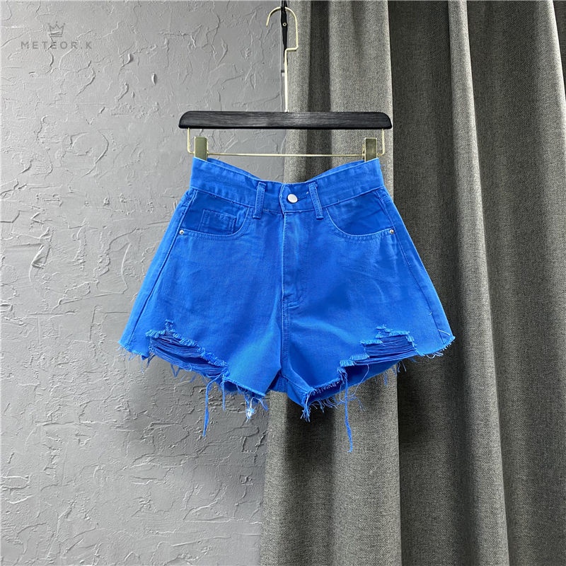 Quần đùi denim ống rộng lưng cao thiết kế kiểu rách phong cách Hàn Quốc sành điệu cho nữ