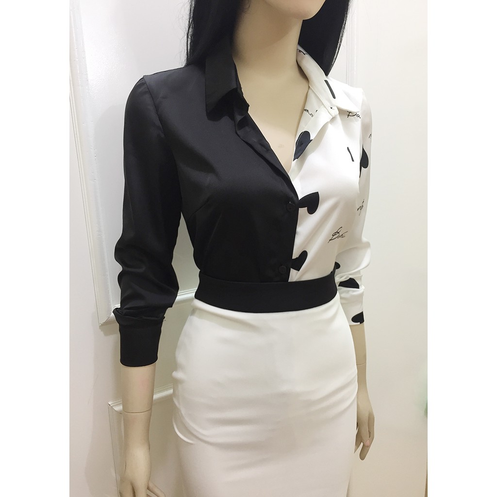 Áo sơ mi lụa nữ 💖đen vàng💖Áo công sở nữ dài tay cổ đức cá tính sang trọng | BigBuy360 - bigbuy360.vn