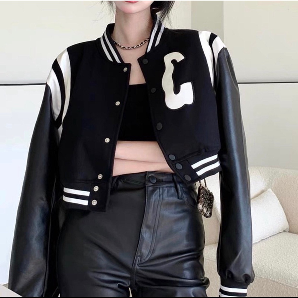 Áo Khoác Da Bomber Phối Tay Bồng Kiểu Dáng Hàn Quốc Ulzzang