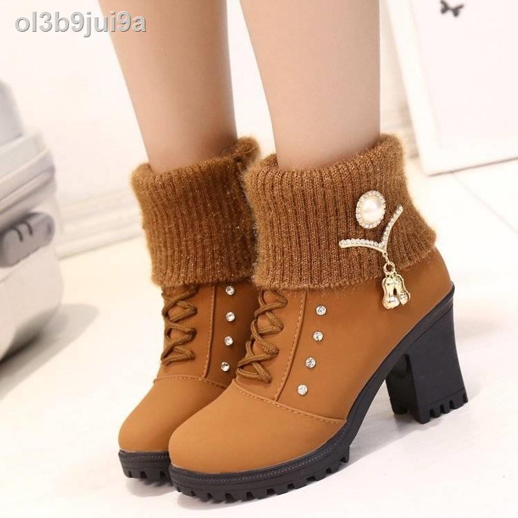 ✷✙[Single cotton hai kiểu] Thu đông 2018 giày cao gót len ​​Âu Mỹ đế dày ống ngắn Martin boots ankle