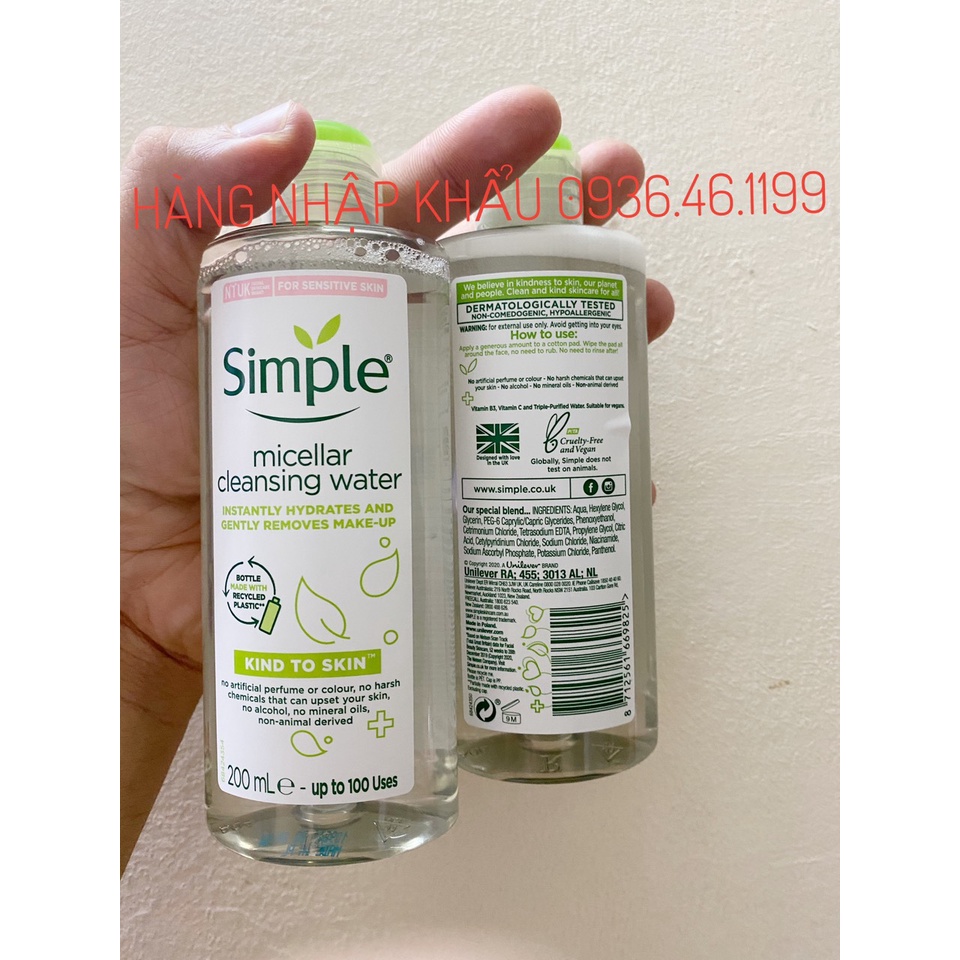 Nước tẩy trang Simple Kind to Skin Micellar Cleansing Water 200ml-Uk
