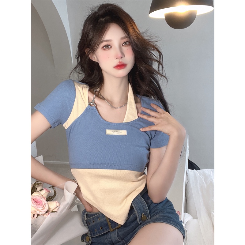 QKOOLE  Áo Thun Nữ Ngắn Tay Có Khóa Kéo Thời Trang