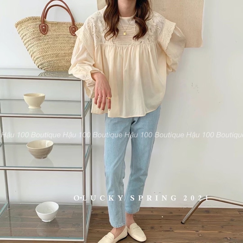 Áo babydoll vai thêu ly xếp ngang ngực vintage tiểu thư