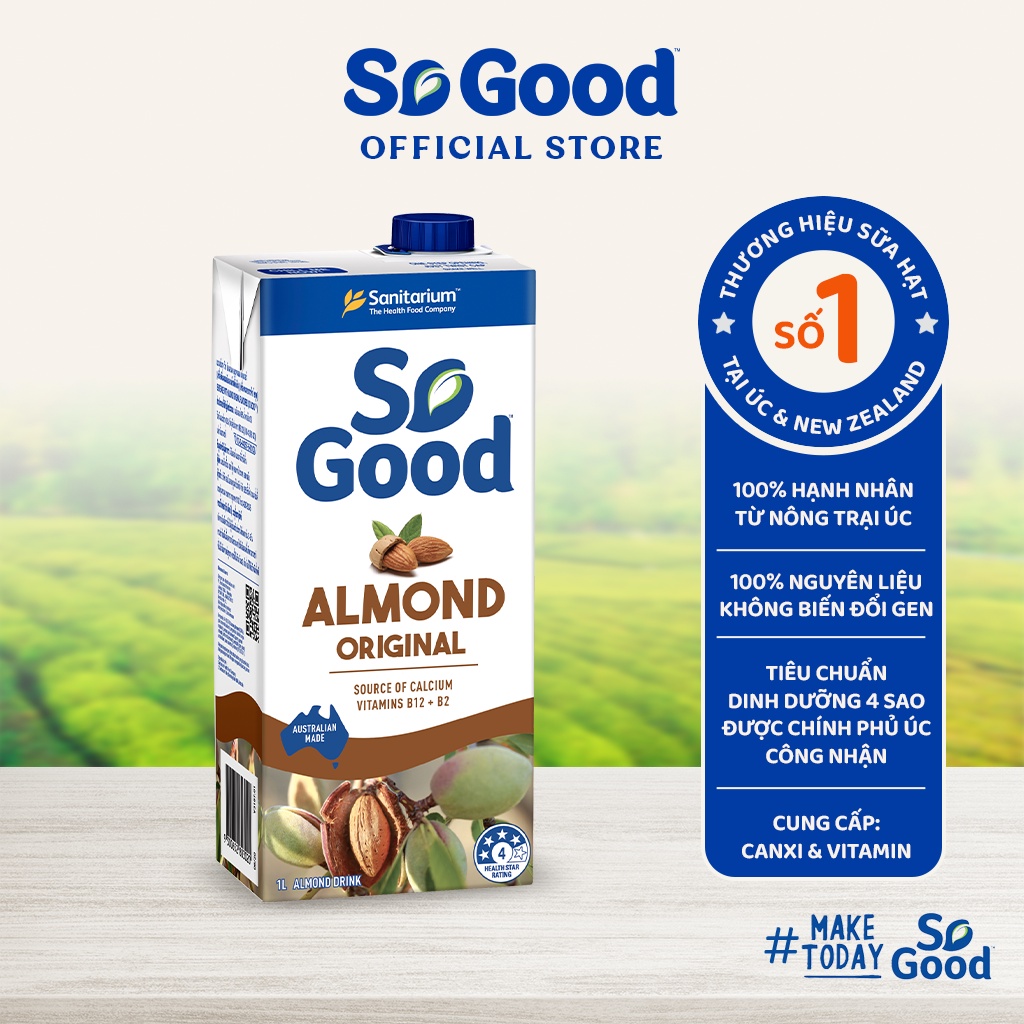 Thùng 12 hộp sữa hạt hạnh nhân ít đường SO GOOD 1L bổ sung canxi và vitamin, phù hợp người ăn kiêng, thuần chạy