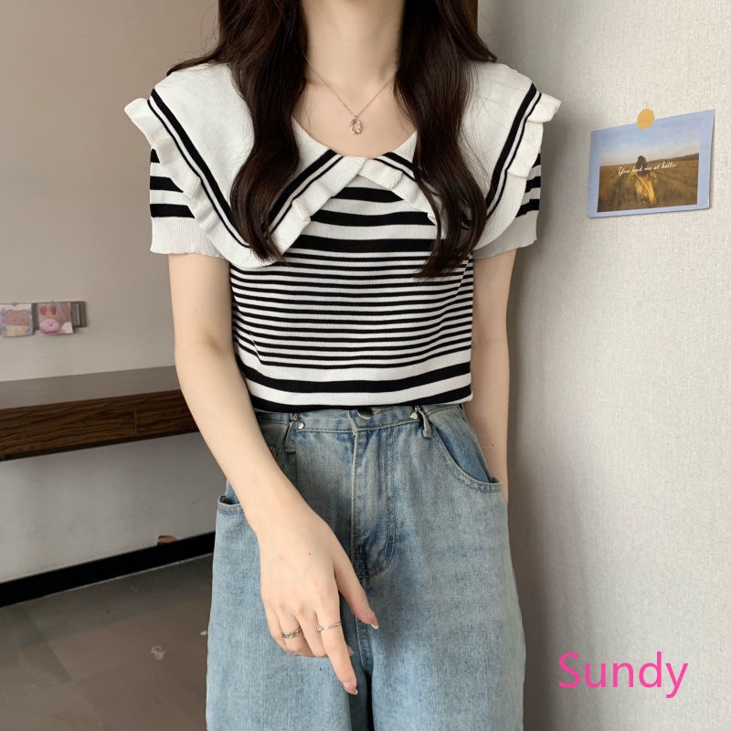 Áo Dệt Kim Tay Ngắn Cổ Búp Bê Họa Tiết Kẻ Sọc Thời Trang Mùa Hè Cho Nữ