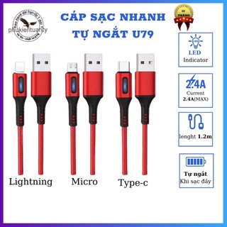 Dây sạc, cáp sạc tự ngắt thông minh hoco u79 iphone/ micro usb/ type c chiều dài 1.2m đèn led đầu cáp hiện đại