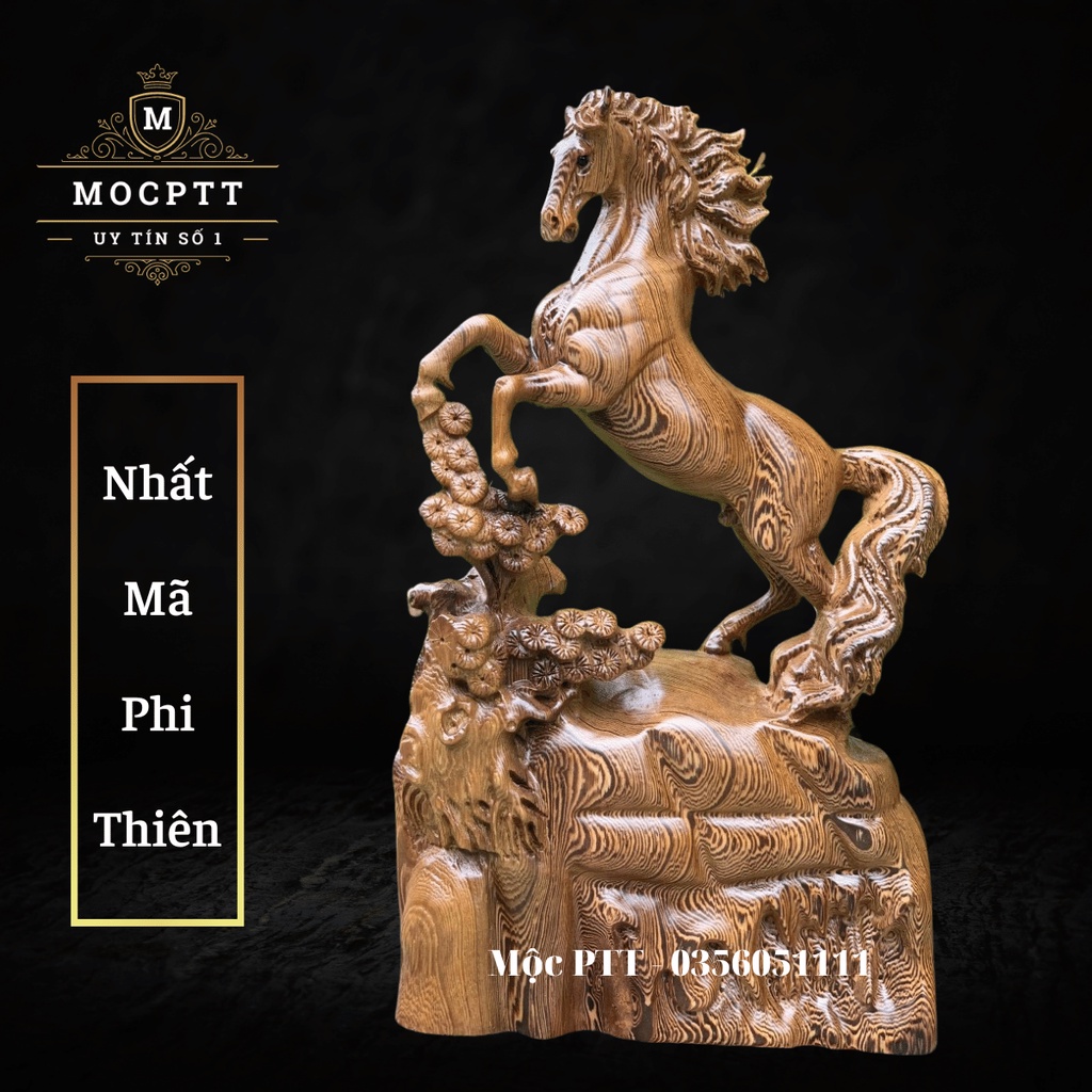 Tượng gỗ con Ngựa mẫu Nhất Mã Phi Thiên gỗ Hương Đá , Munnn Đuôi Công cao 30 40 Cm