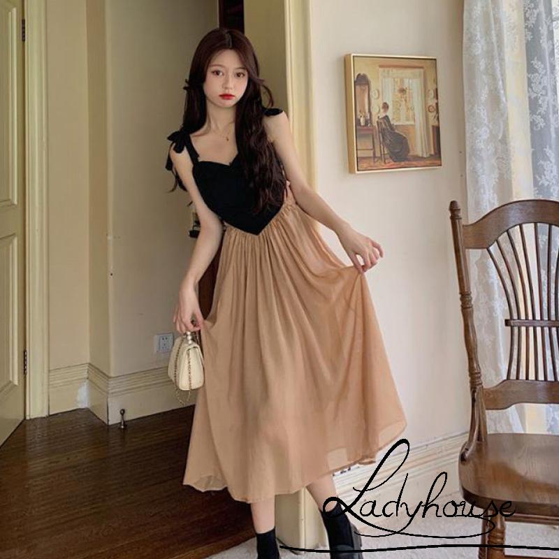 Ldd-đầm Midi Mùa Hè Màu Sắc Tương Phản Có Dây Đeo Vai Cổ Áo Ngọt Ngào Cho Nữ