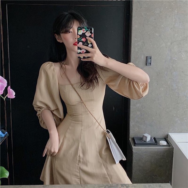 Đầm suông 🌷Đầm suông nude cổ vuông tay bồng | BigBuy360 - bigbuy360.vn