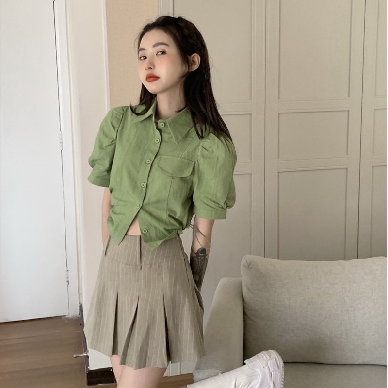 Áo Sơ Mi Ngắn Tay Phối Dây Rút Thiết Kế Đơn Giản Sáng Tạo Thời Trang Hàn Quốc