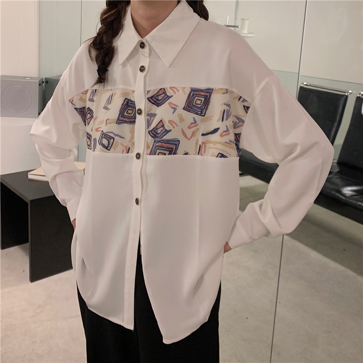 Áo Sơ Mi Dáng Rộng Họa Tiết Khối Màu Sắc Thời Trang Mùa Thu Cho Nữ