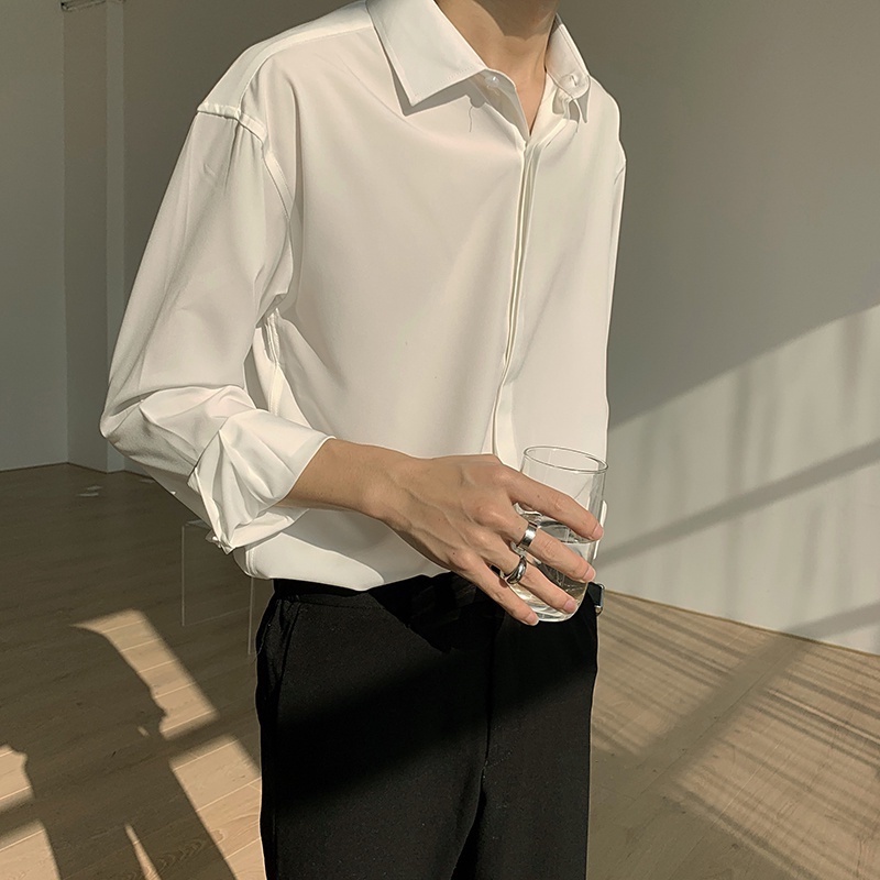 Áo Sơ Mi Trơn Dáng Rộng Thời Trang Hàn Quốc Dành Cho Nam áo sơ mi vintage Sơ Mi Tay Dài Vải Lụa Thời Trang Hàn Quốc Cao Cấp Cho Nam