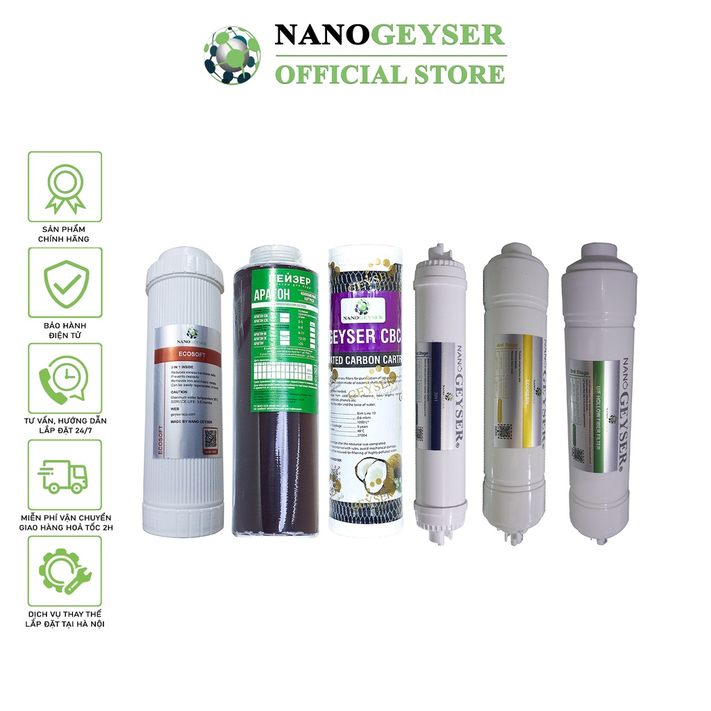 Bộ 6 lõi lọc nước dùng cho máy Nano Geyser Eco Max, Lõi Ecosoft, Aragon, CBC, 3IN1, EcoResin, UF Hollow Nano Geyser