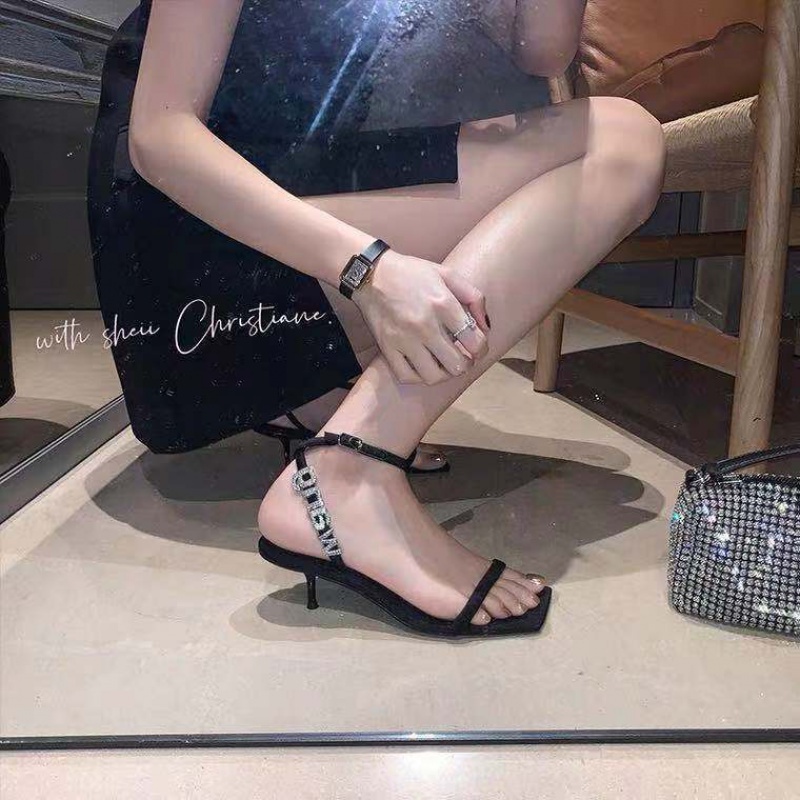 Giày cao gót sandal mũi vuông đính đá thời trang mới 2021