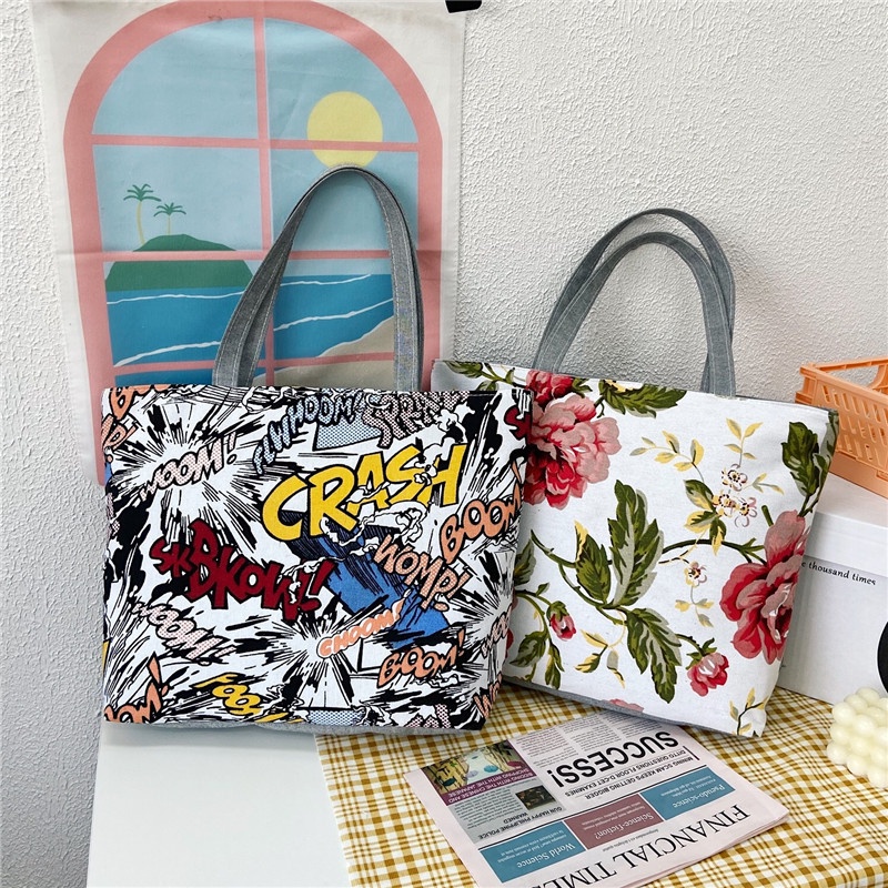 Phong Cách Hàn Túi Tote Vải Canvas Xách Tay Nữ Có Khóa Kéo Họa Tiết Thổ Cẩm To Công Sở Đựng Đồ Máy Tính Chơi Làm Học