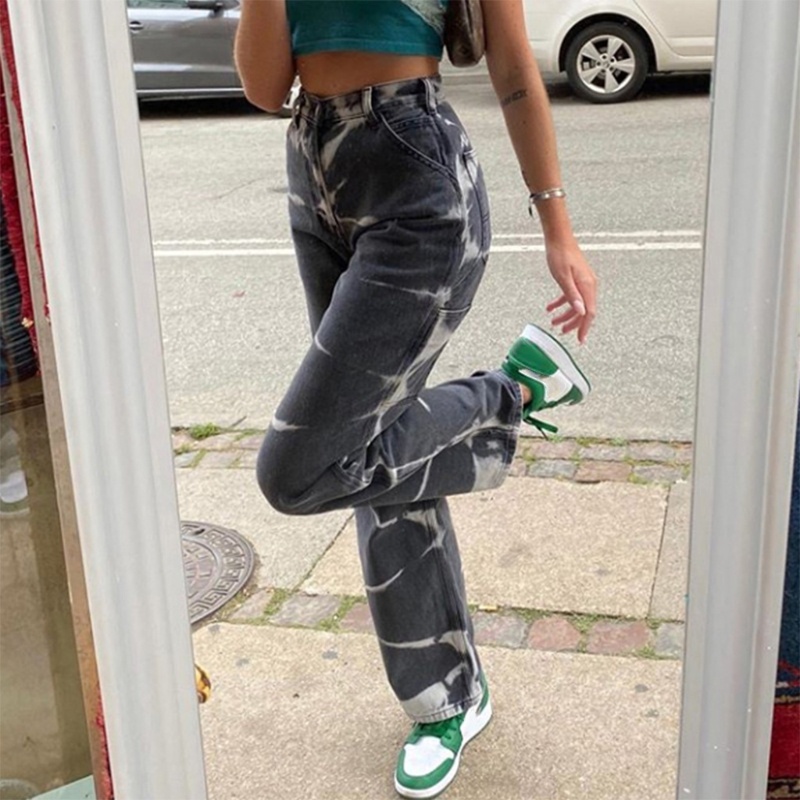 Quần Jean Baggy Lưng Cao Ống Rộng Nhuộm Màu Độc Đáo Phong Cách Cổ Điển Thời Trang Cho Nữ