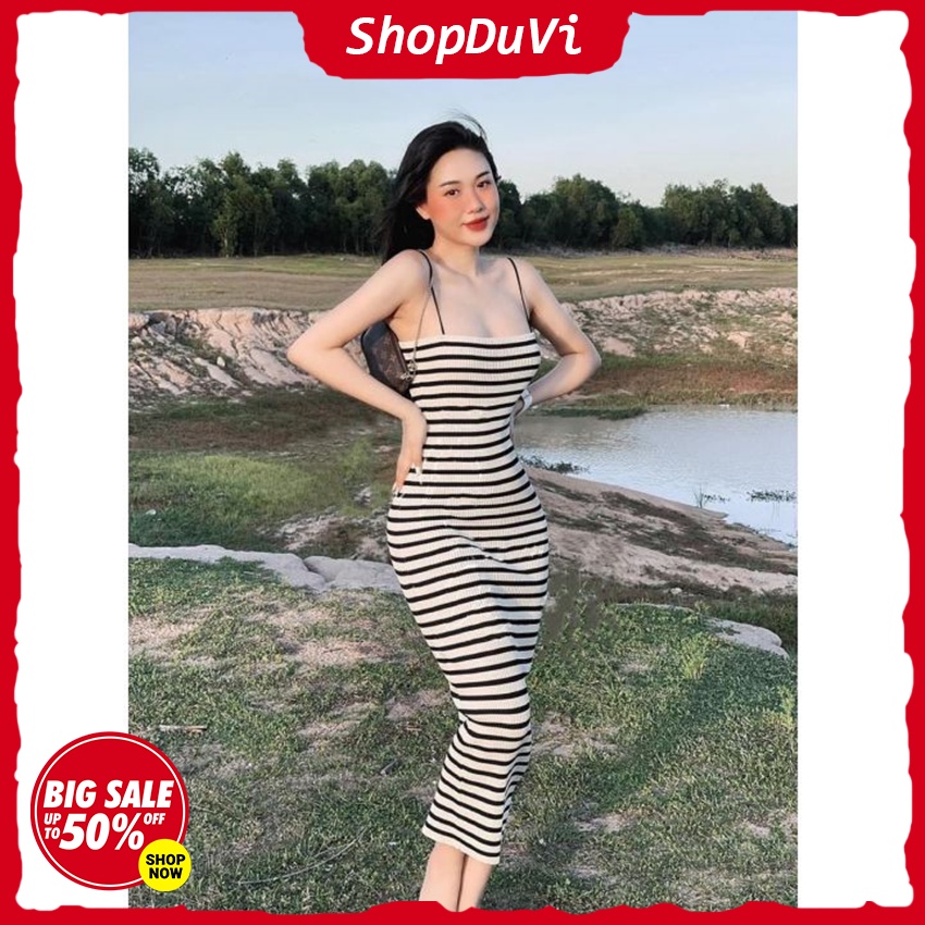 Đầm Body Thun Gân 2 Dây Sọc Ngang Kiểu Midi Mặc Tôn Dáng Thoải Mái
