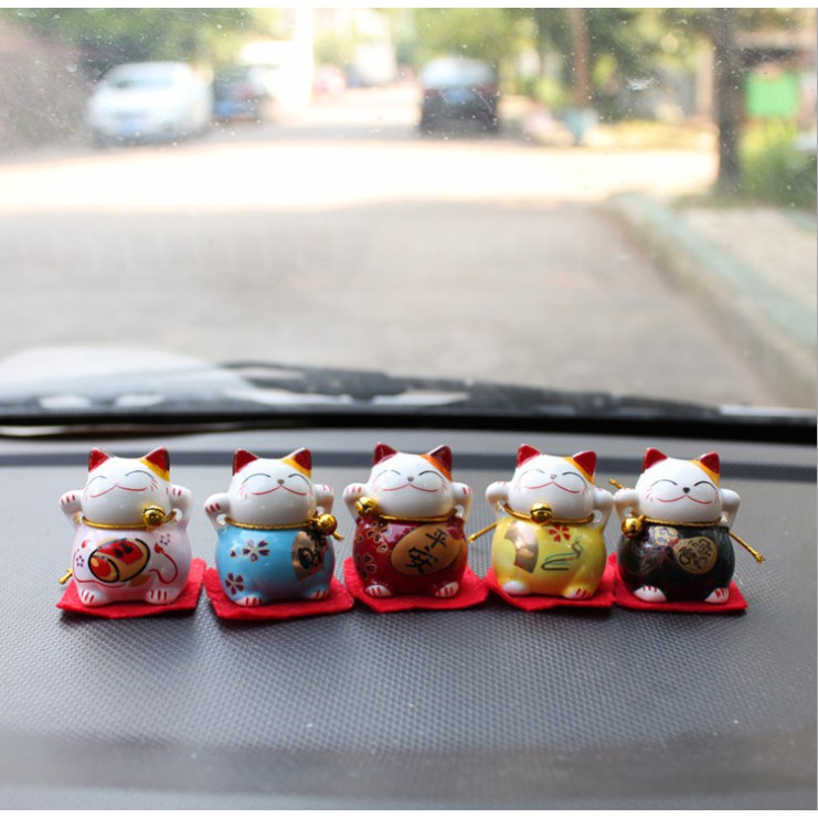Bộ combo 05 mèo thần tài Maneki Mako - Ngũ Phúc Lâm Môn bằng sứ trang trí xe, kệ tủ mang may mắn tài lộc tới cho bạn
