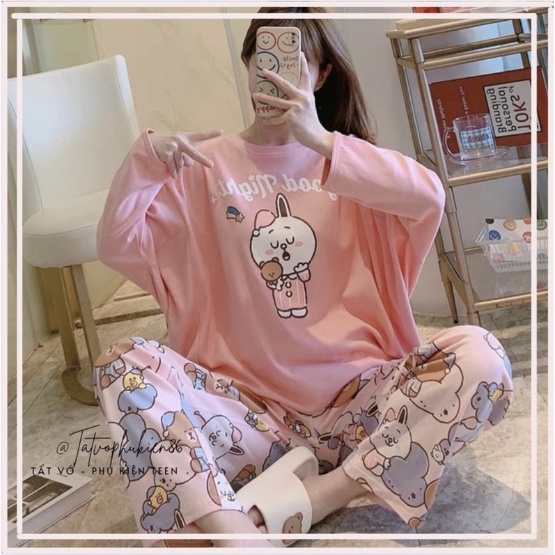 Bộ đồ ngủ nữ THANH LÝ Bộ ngủ nữ -cotton giấy dài tay mặc nhà cute  BN2
