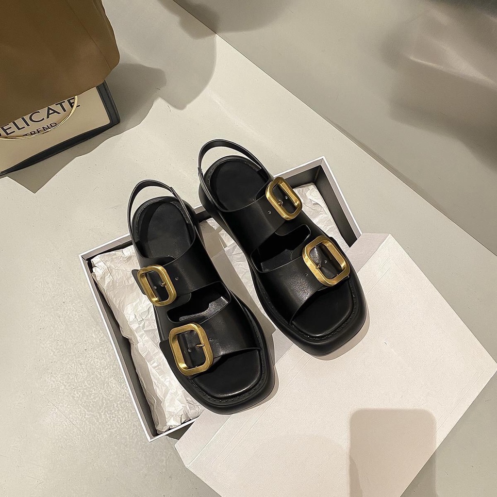 Giày sandal quai ngang màu đen vintage phong cách hàn quốc basic đơn giản hack dáng