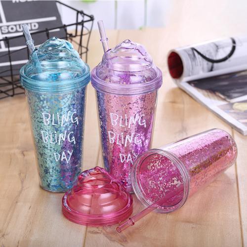 Glitters Pattern Double Layer Plastic Straw Bottle Innovative Gift Ice Cream Straw Bottle
