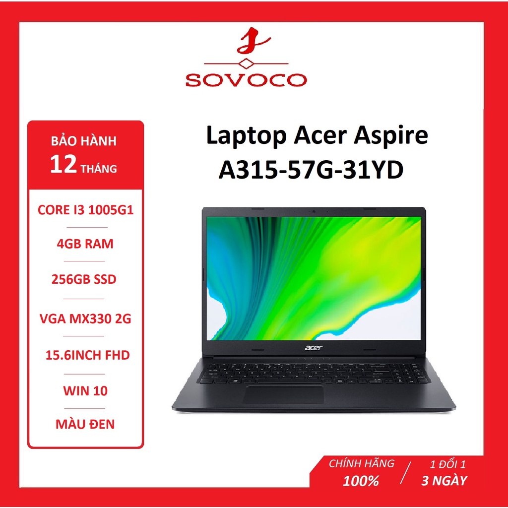 Laptop Acer Aspire A315-57G-31YD (NX.HZRSV.008) (i3 1005G1/4GB RAM/256GB SSD/MX330 2G/15.6 inch FHD/Win 10/Đen)