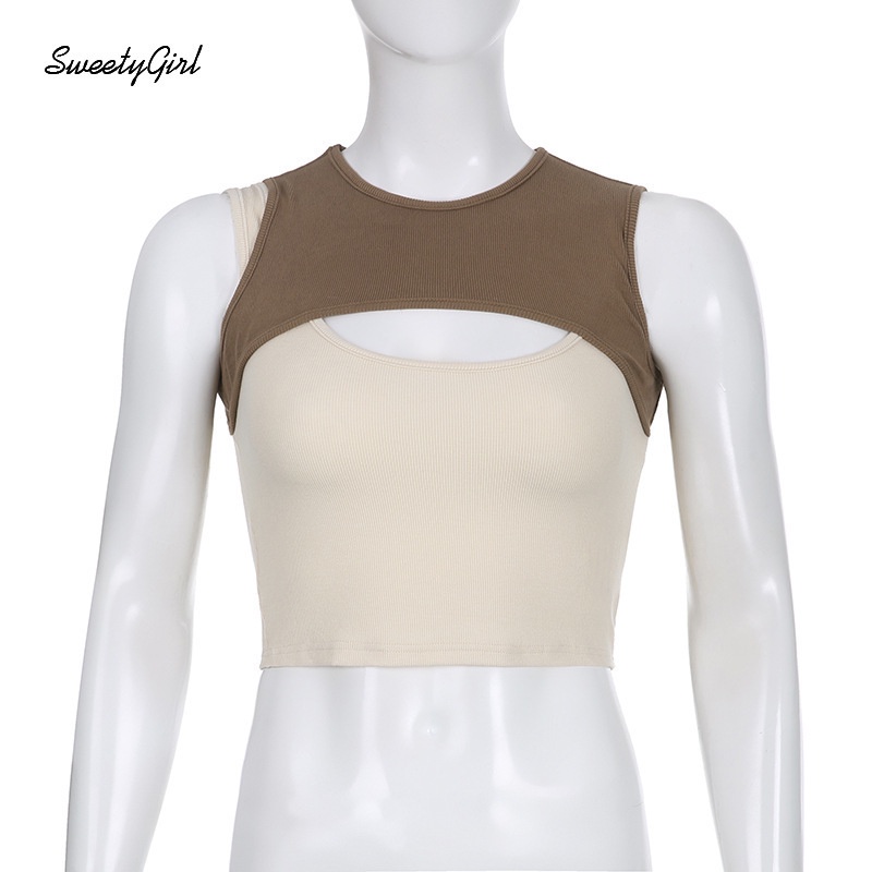 Áo Tank Top Cổ Tròn Màu Tương Phản Thời Trang 2022 Quyến Rũ Cho Nữ