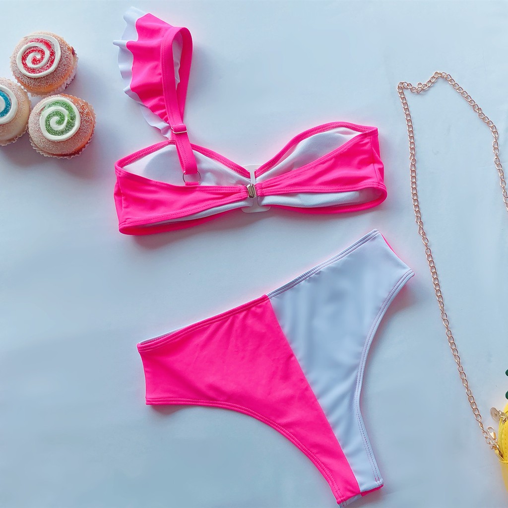 [BKN386] &lt;ÂU&gt; SET BIKINI LỆCH VAI HỒNG NEON/THỔ CẨM (CẠP CAO)