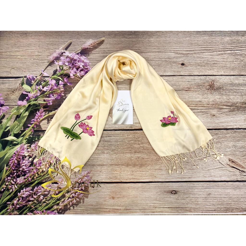 Khăn Lụa Cao Cấp SenSilk Thêu Tay Sen Việt 200x55cm, Quà Cho Người Nước Ngoài