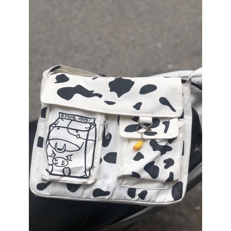 Túi đeo chéo vải canvas bò sữ size vừa A4 hót