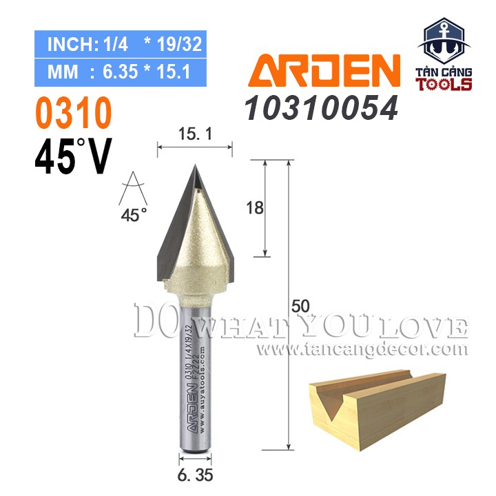 Mũi Router Arden Đánh Rãnh V 45 Độ 15.1 mm Cốt 6.35 mm