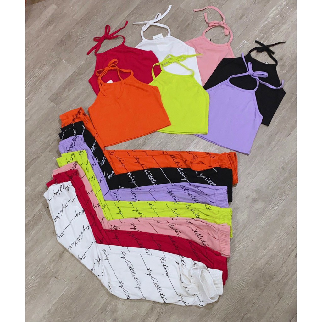 set xinh gồm áo yếm croptop quần thể thao in chữ nhí hot xinh xinh