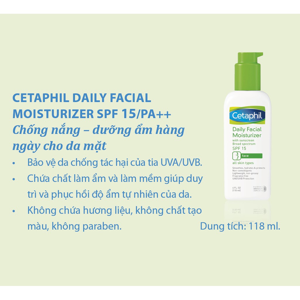 Kem chống nắng Cetaphil Daily Facial Moisturizer SPF15/ PA++ chống nắng, dưỡng ẩm hàng ngày cho da mặt - 118ml
