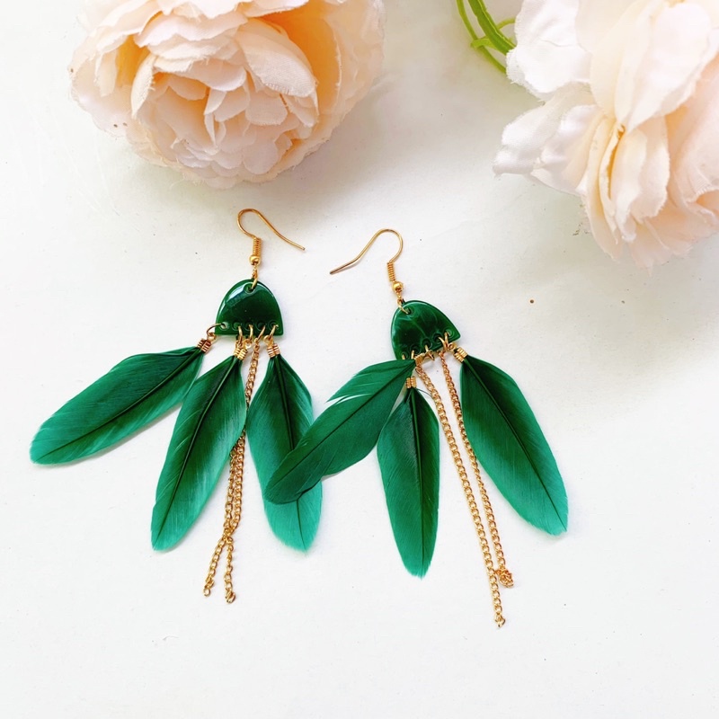 Khuyên tai bông tai lông vũ, boho, vintage chụp ảnh đi biển, sống ảo xinh-Tiệm Cói Cô Lê