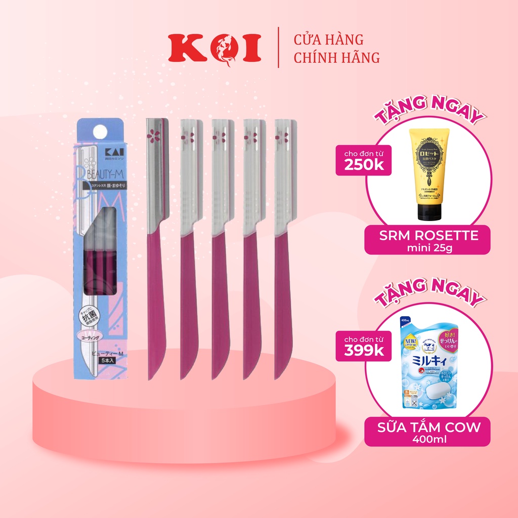 Dao cạo lông mặt lông mày thân kim loại Kai Beauty M BTM-5F1 cán hồng bộ 5 chiếc màu hồng