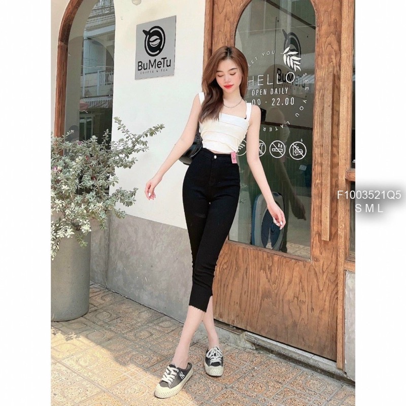 Quần Jeans trơn nữ dáng ôm lửng, lỡ lưng cao co giãn - Vien's Store