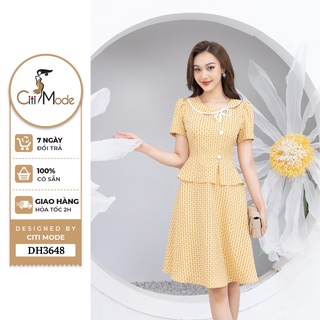 Đầm công sở CITI MODE FASHION dáng xoè peplum vàng phối cúc lệch DH3648