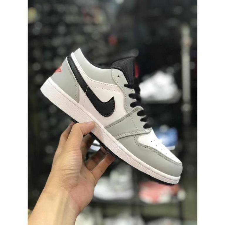 Giầy Jordan xám chỉ đỏ vạch đen thấp, Giày JD1 low xám smoke grey đủ size nam nữ full box bill