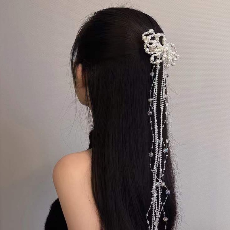 Kẹp Tóc Đính Hạt Ngọc Trai Tua Rua Phong Cách Hàn Quốc Đơn Giản Dành Cho Cô Dâu