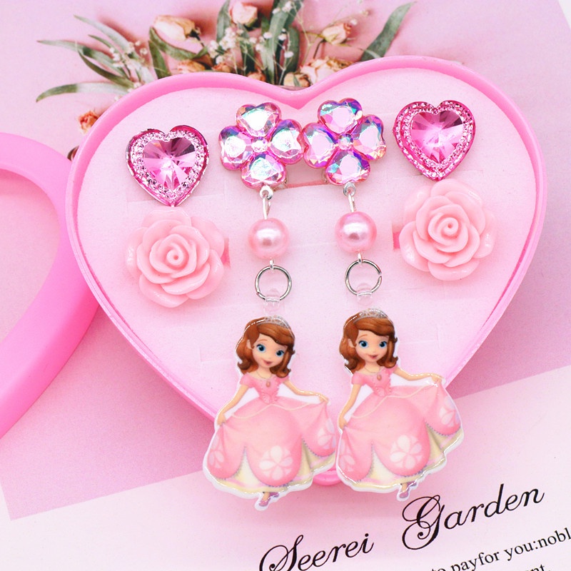 [Frozen] 6-Pcs Girl Ear Clip, No Ear Hole Kids Princess Earrings + Ring Set