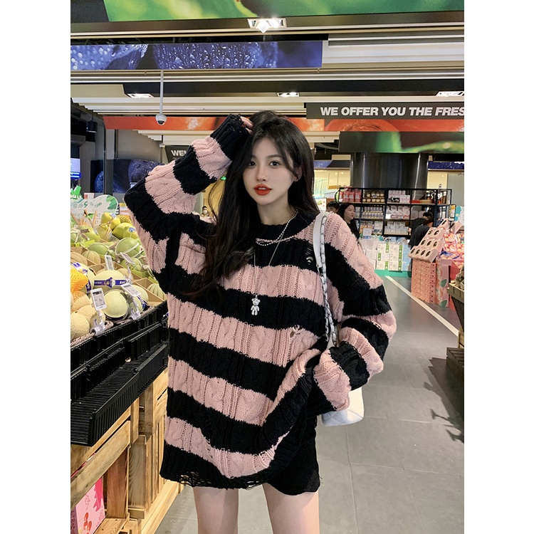 Porozi  Áo sweater  dệt kim dáng rộng cổ tròn kẻ sọc kiểu Hàn Quốc thời trang cho nữ