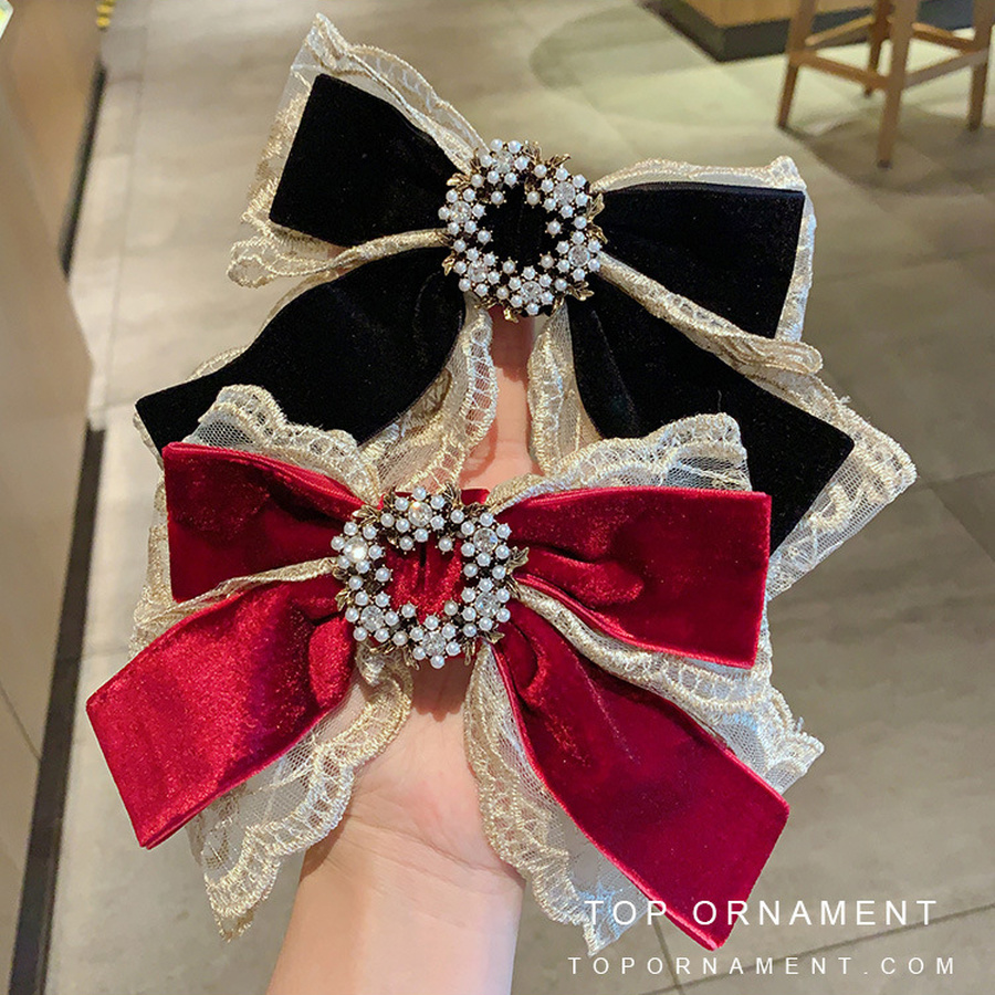 Kẹp nơ vải nhung phối ren đính ngọc trai phong cách thanh lịch thời trang Hàn Quốc