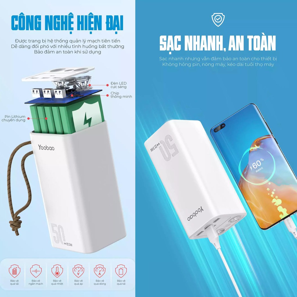 Pin Sạc Dự Phòng Yoobao H5 / L50 Dung Lượng 50000 mAh, Tích Hợp Đèn Pin Siêu Sáng, Hỗ Trợ Sạc Nhanh PD